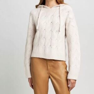 Elie Tahari 100% Cashmere Wide Cable Knit Butter Cream Hooded Pullover Sweater